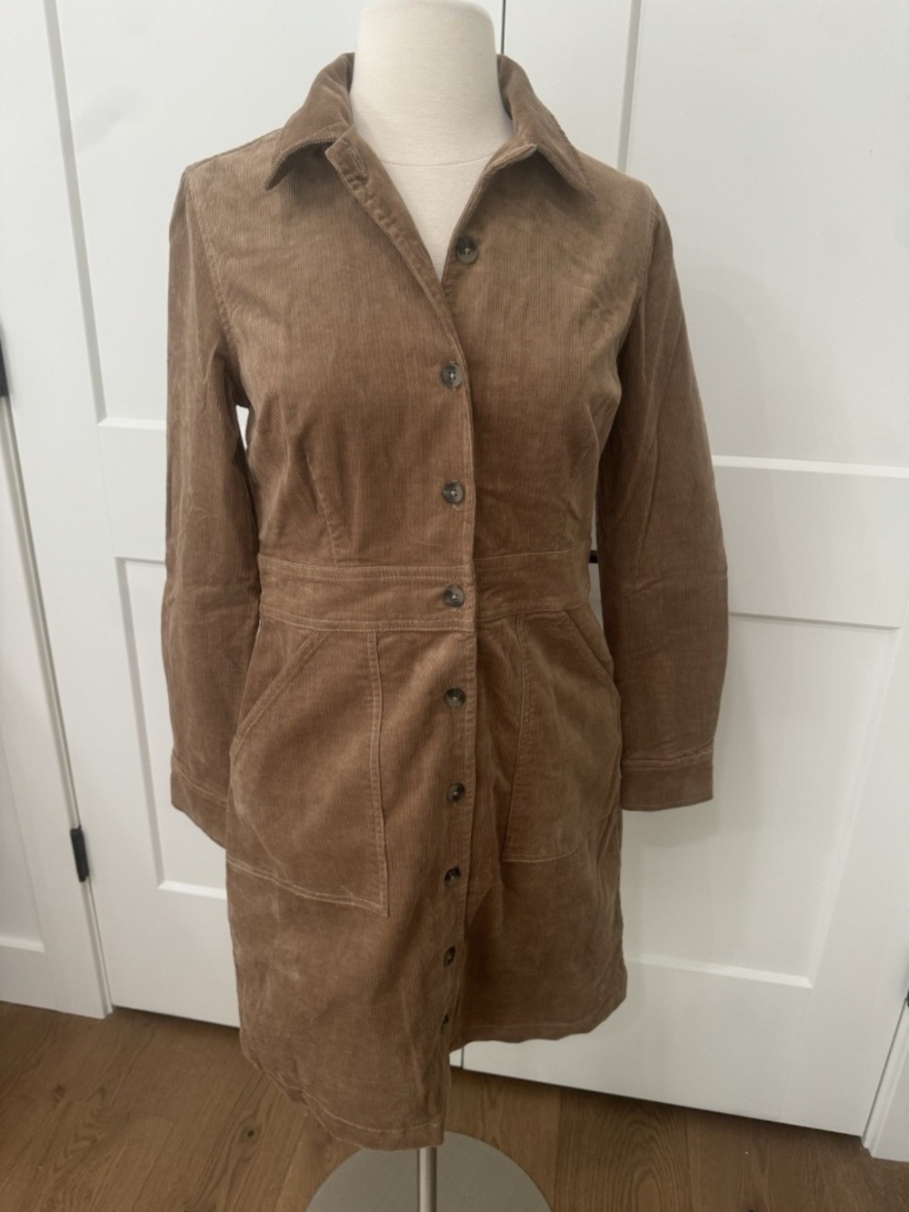 EUC Quince Stretch Corduroy Mini Shirt Dress, Organic Cotton Size XS Brown